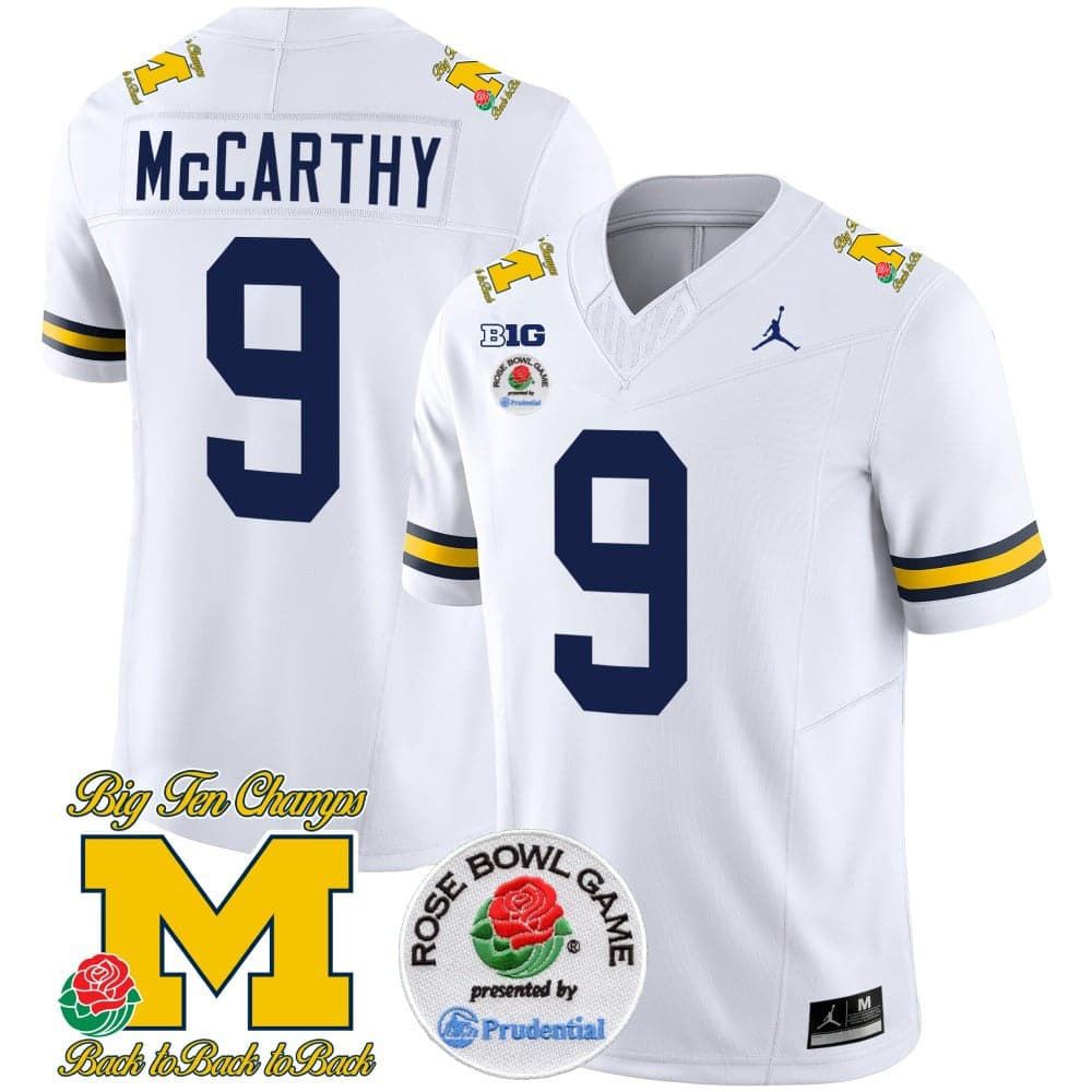 Men Michigan Wolverines #9 Mccarthy White 2024 Rose Bowl Patch Vapor Limited NCAA Jersey